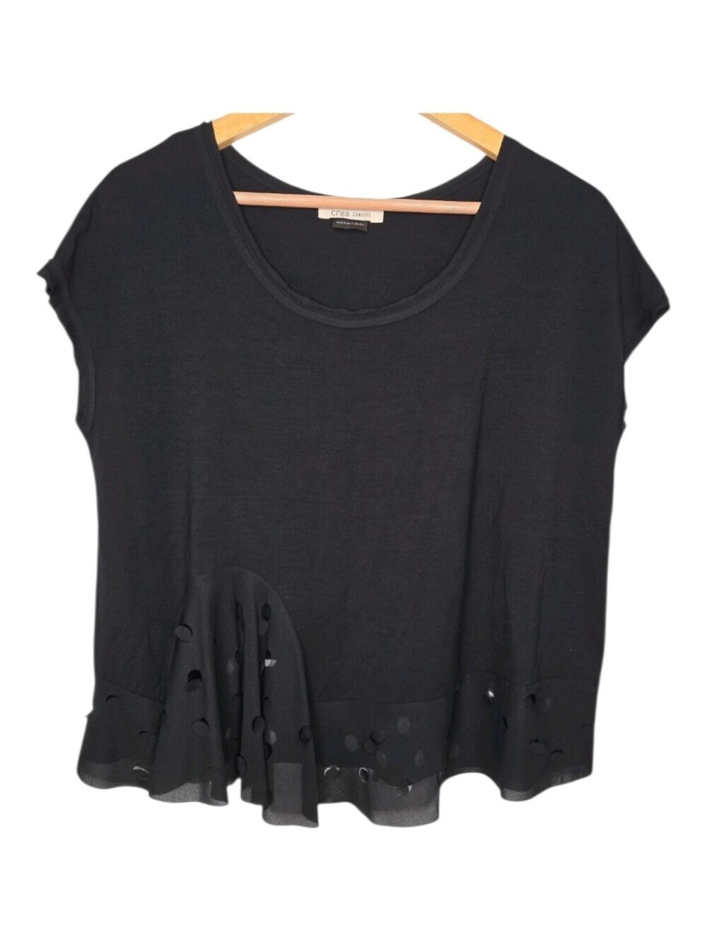 CREA Concept Womens Black Cap Sleeve Semi Sheer Polka Dot Peplum Top Small